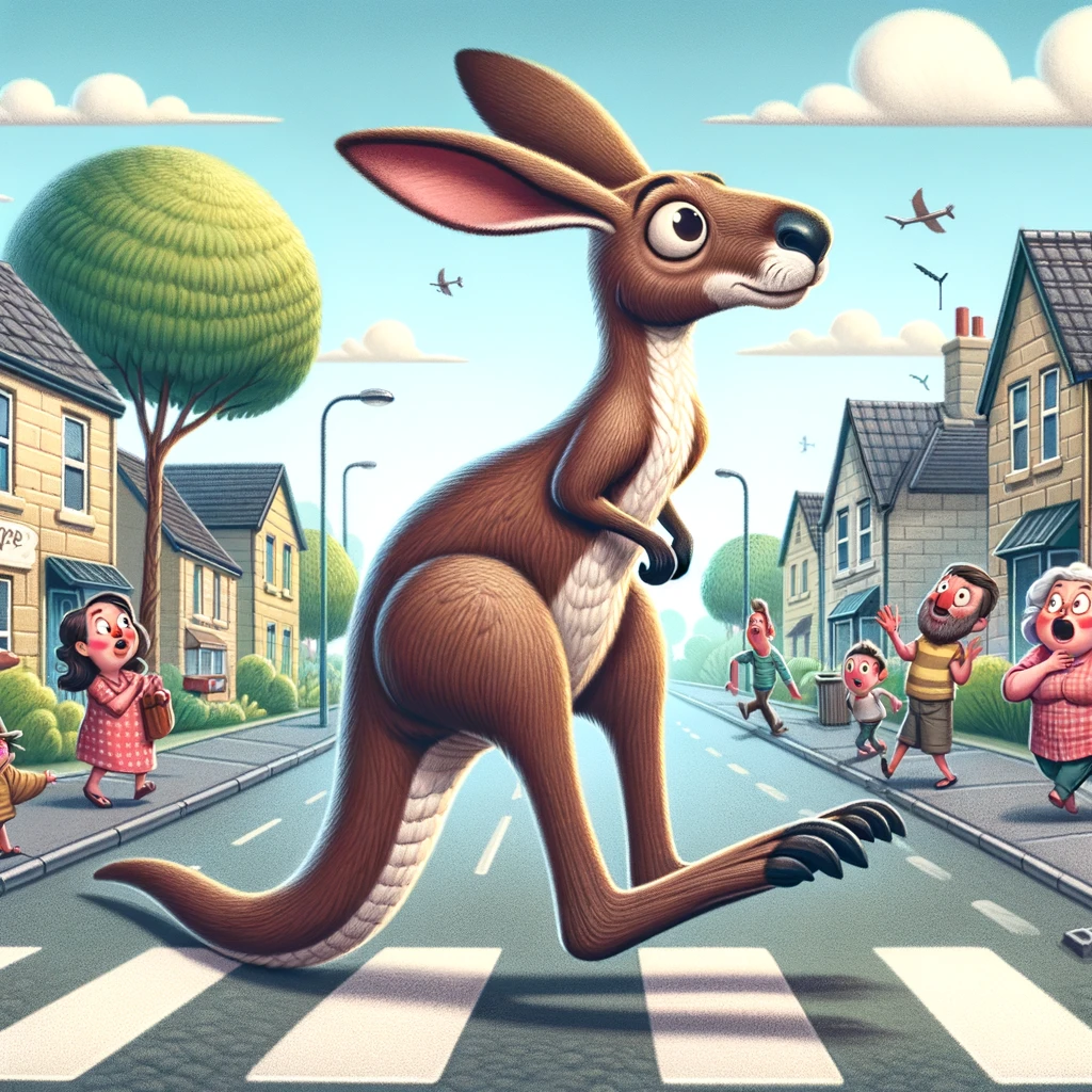 A playful and whimsical illustration of a kangaroo hopping freely through the streets of a small town, with surprised and amused residents watching