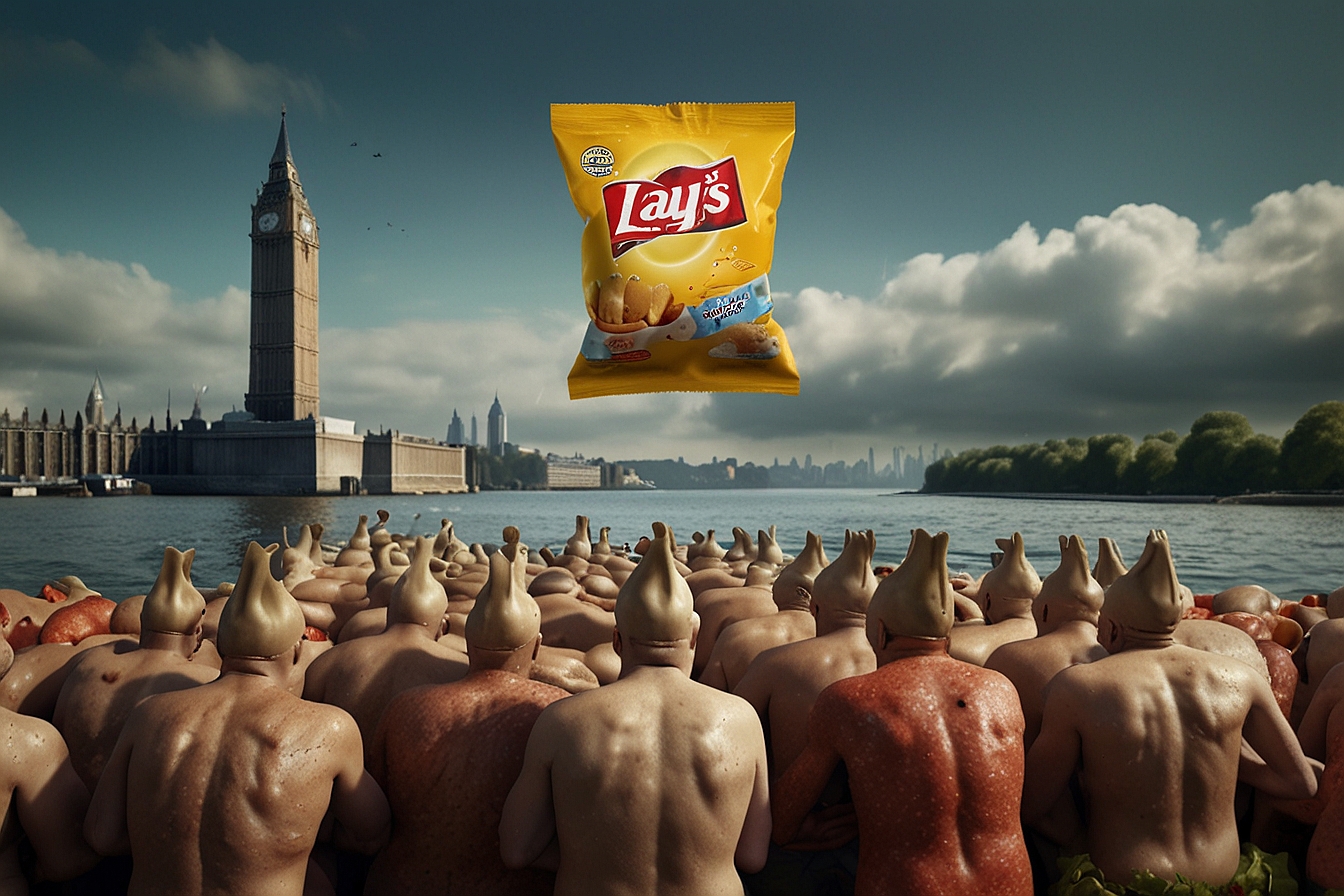 surreal humorous digital illustration depicting Britons observing a levitating Lays crisp packet