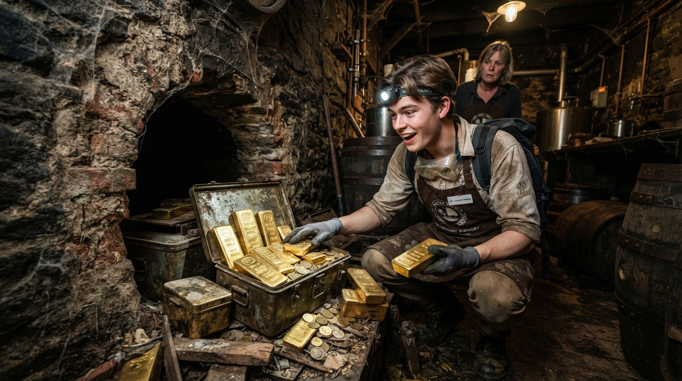 Worker finding gold bars hideen in a wall (AI generated image)