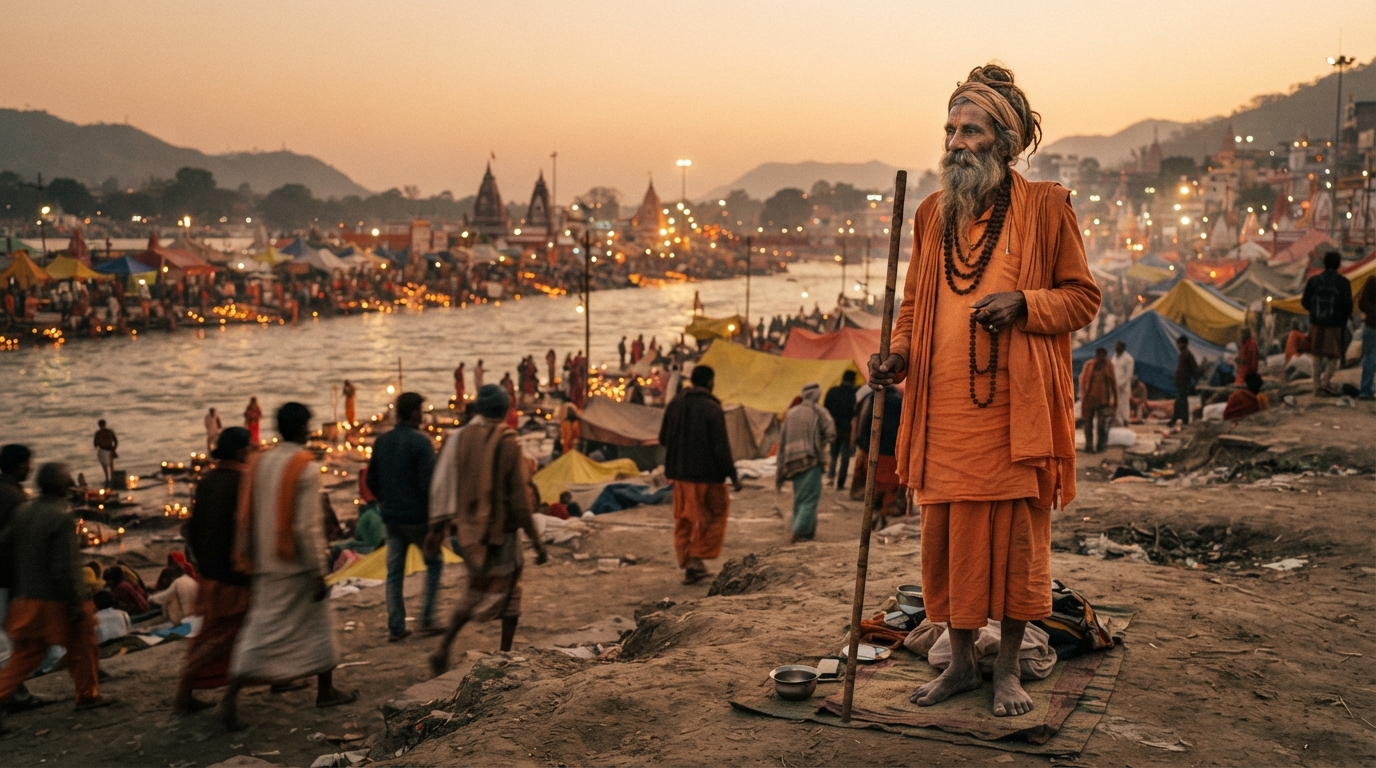 A giant Indian man wearing orange robes standing next to a river, people walking past in the background