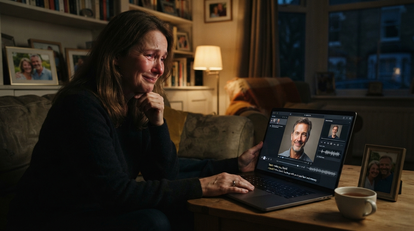 A woman sitting in a darkened room looking wistfully at an AI generated image of a man on a laptop