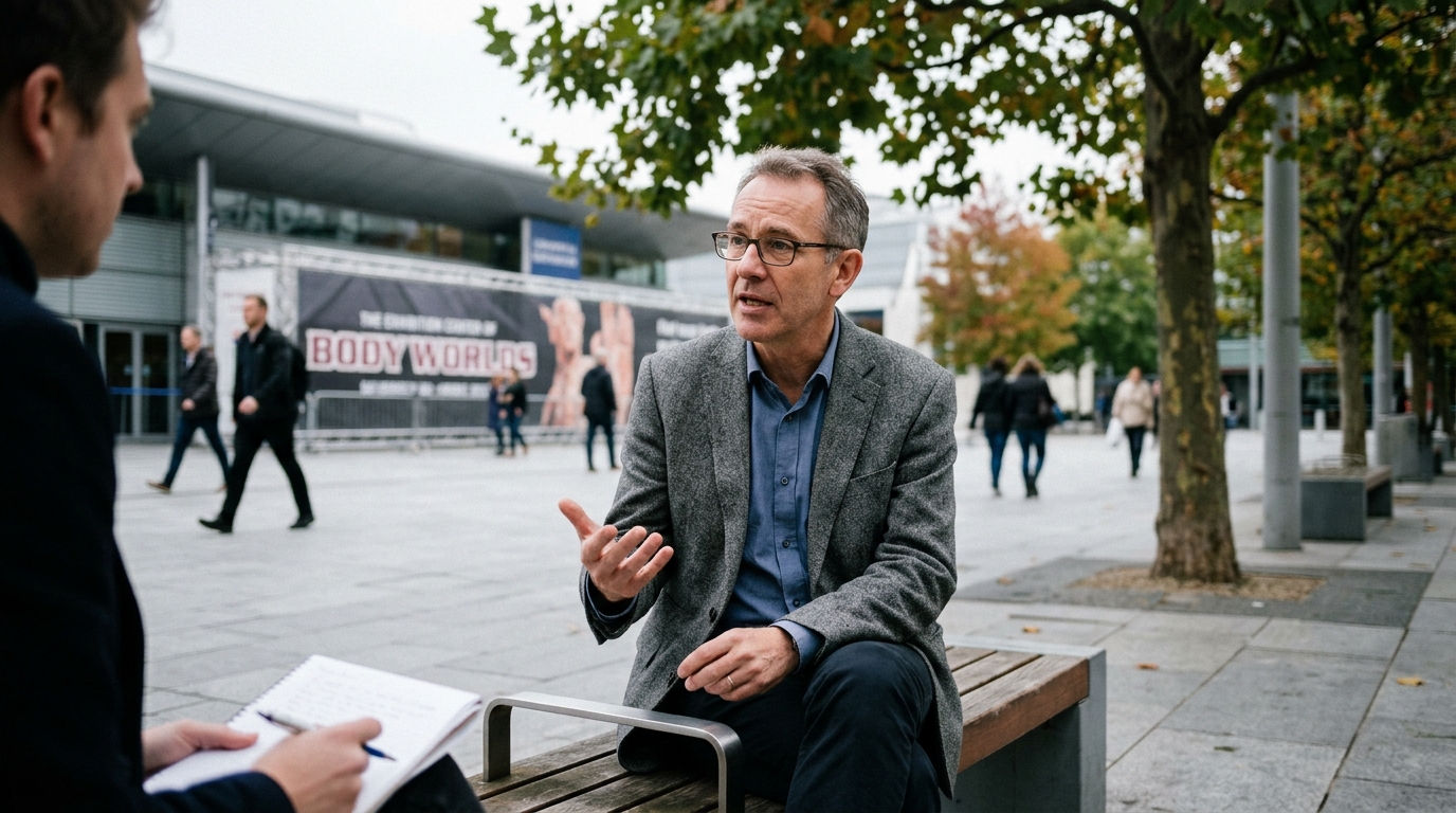 A man speaking to the camera in a seemingly passionate manner, in a public area of unclear purpose, trees and a building are in the background, and other people walk around