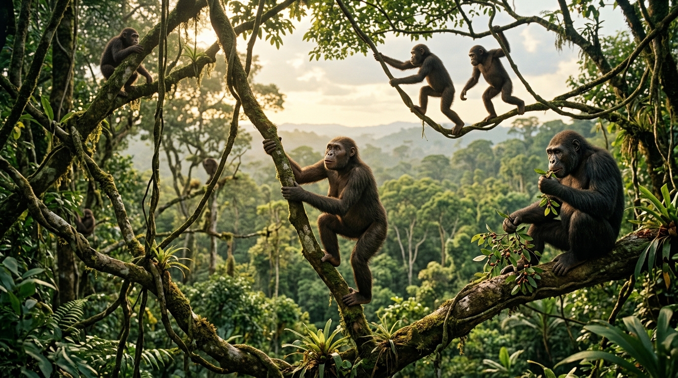 AI image (by Gemini 3.1 Flash Lite) - human ancestor species in the trees