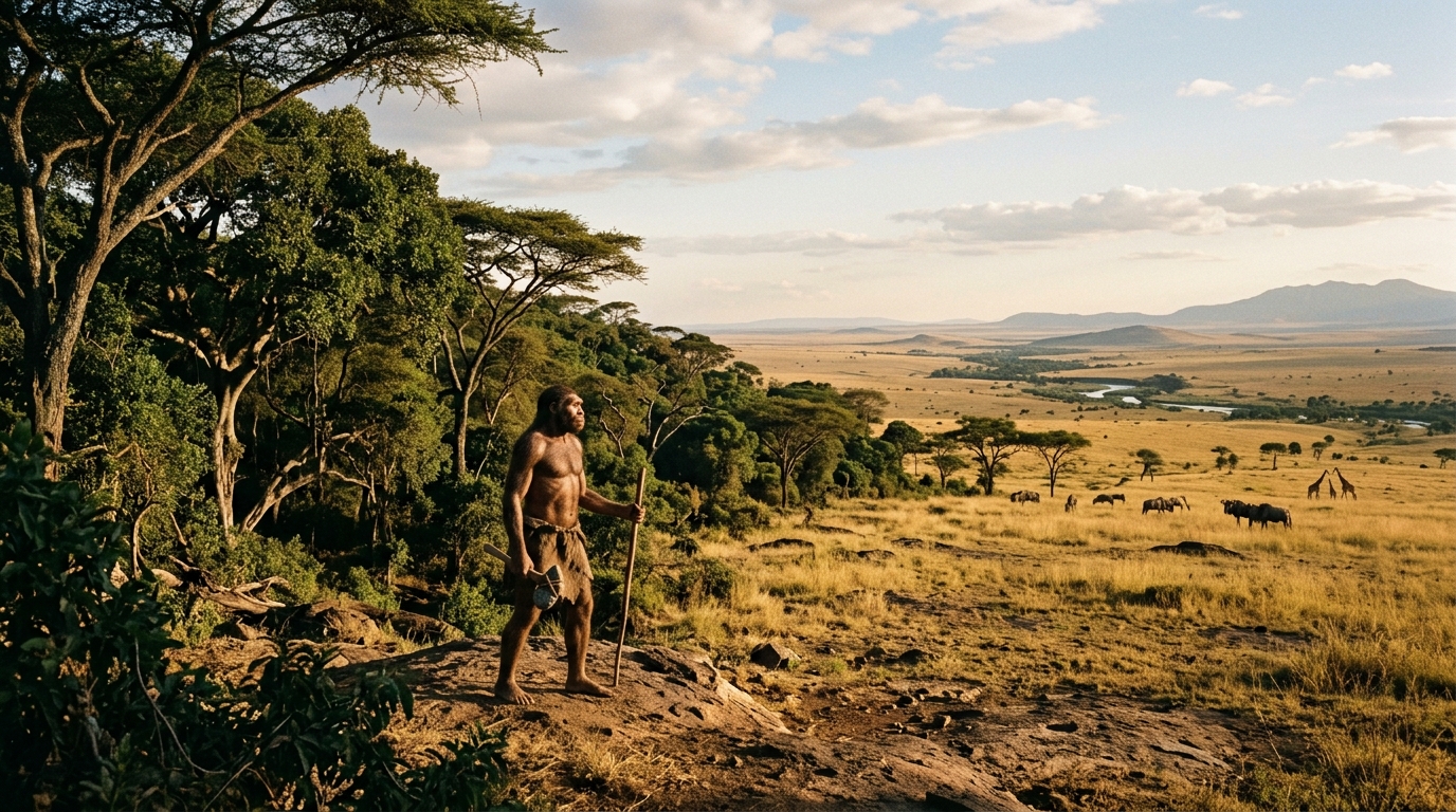 AI generated - human "caveman" stands on a beach (note - this is not a depiction of the human ancestor species mentioned in the article