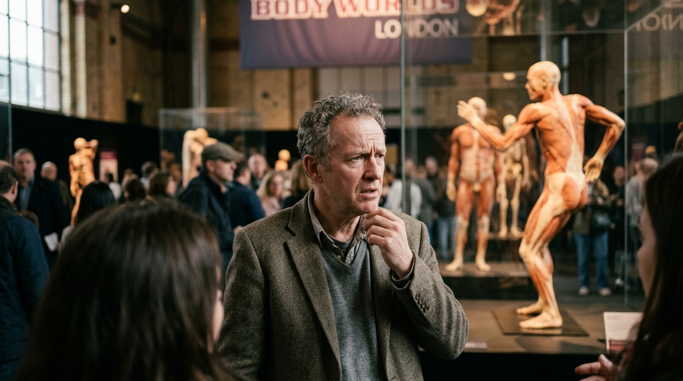 A man standing in front of some anatomical sculptures that appear to be made out of wood