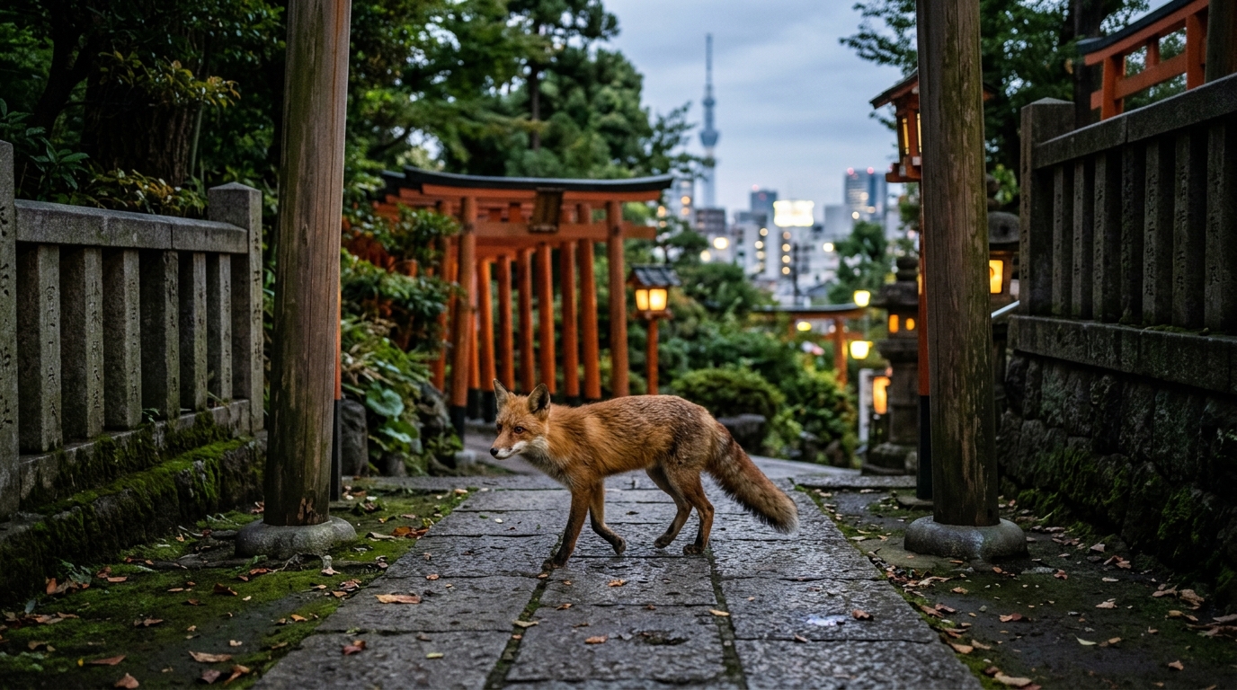 AI generated image of a fox in an urban setting, reddish fences in the early evening, the fox is viewed side on in some kind of back alley. Lights in the distance.