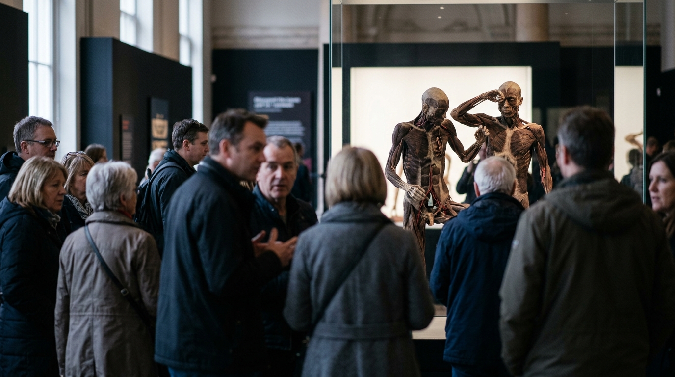 A crowd of people viewing some anatomical displays