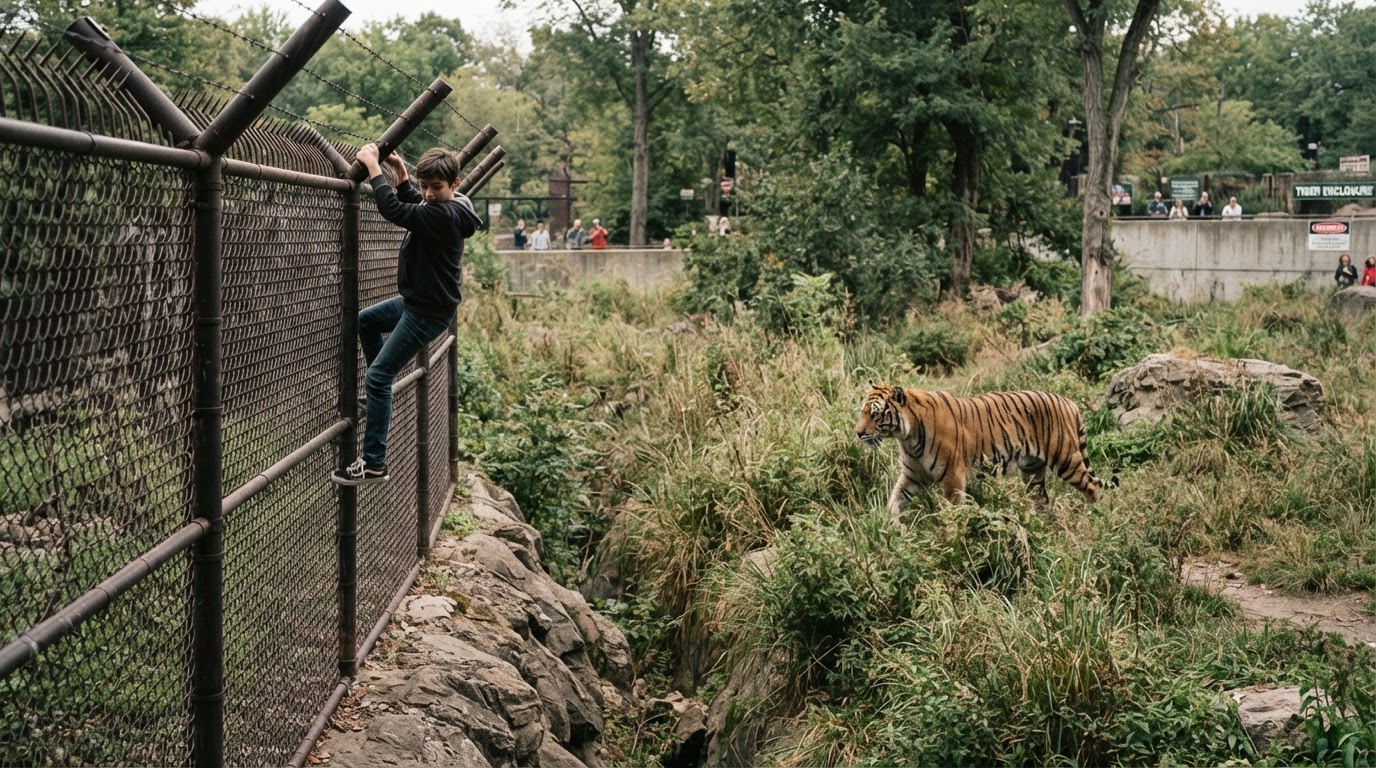 Man climbing into tiger enclosure at a zoo
